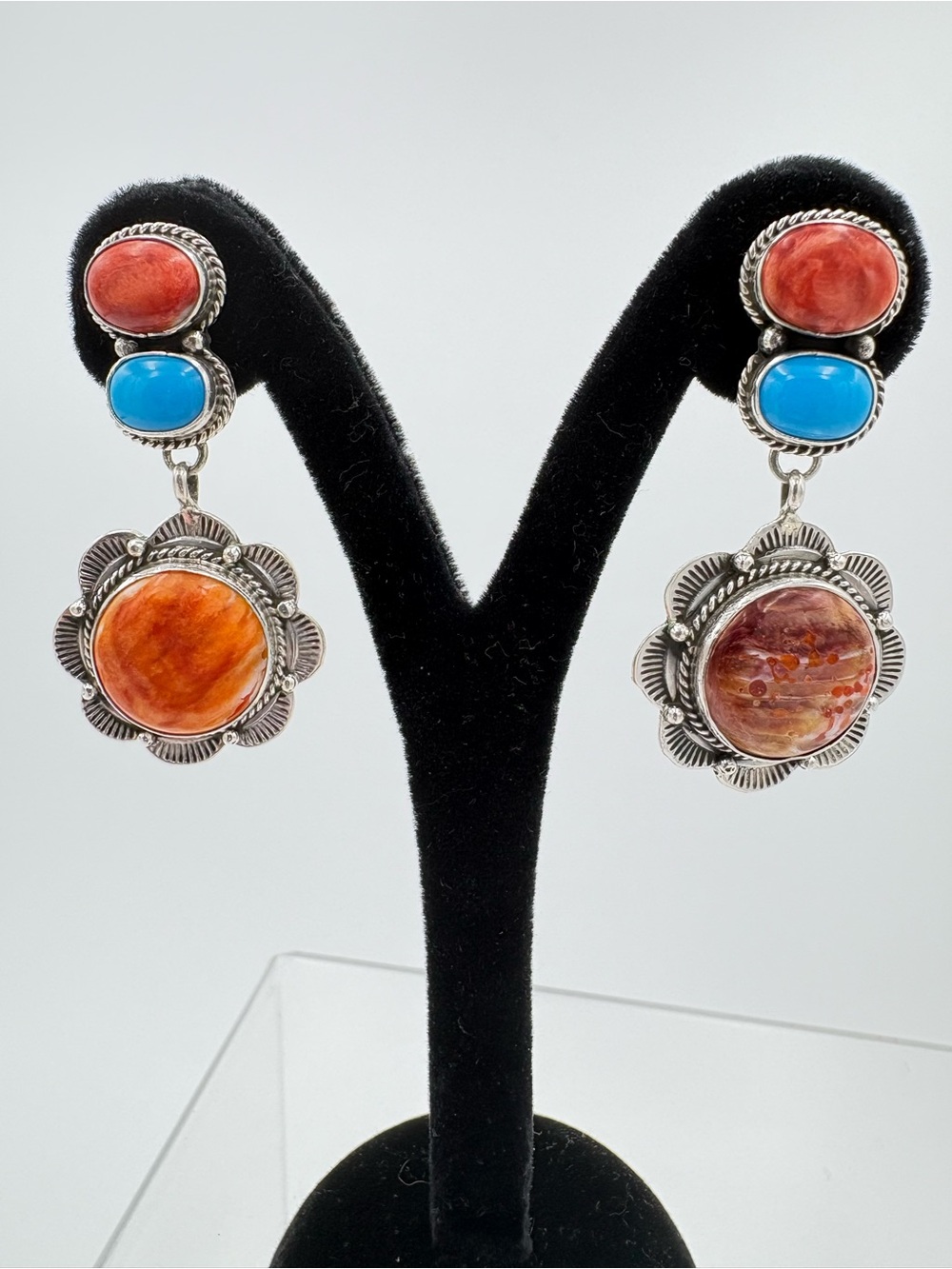 Vintage Etta Endito Navajo 925 Silver Spiny Oyster Shell & Turquoise Earrings - Picture 8 of 10